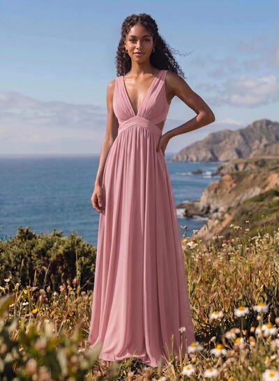 A-Line V-Neck Sleeveless Floor-Length Chiffon Bridesmaid Dresses
