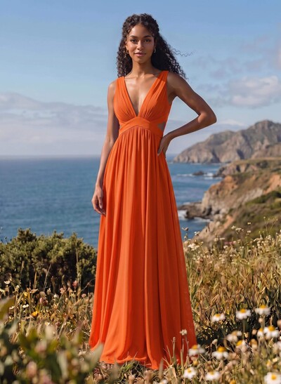 A-Line V-Neck Sleeveless Floor-Length Chiffon Bridesmaid Dresses