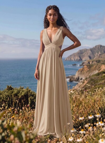 A-Line V-Neck Sleeveless Floor-Length Chiffon Bridesmaid Dresses