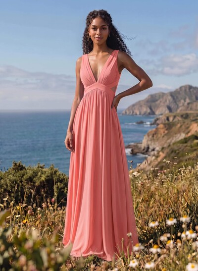 A-Line V-Neck Sleeveless Floor-Length Chiffon Bridesmaid Dresses