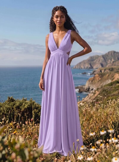 A-Line V-Neck Sleeveless Floor-Length Chiffon Bridesmaid Dresses