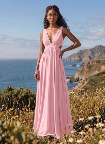 A-Line V-Neck Sleeveless Floor-Length Chiffon Bridesmaid Dresses