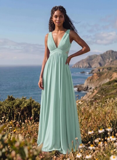 A-Line V-Neck Sleeveless Floor-Length Chiffon Bridesmaid Dresses