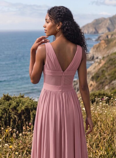 A-Line V-Neck Sleeveless Floor-Length Chiffon Bridesmaid Dresses