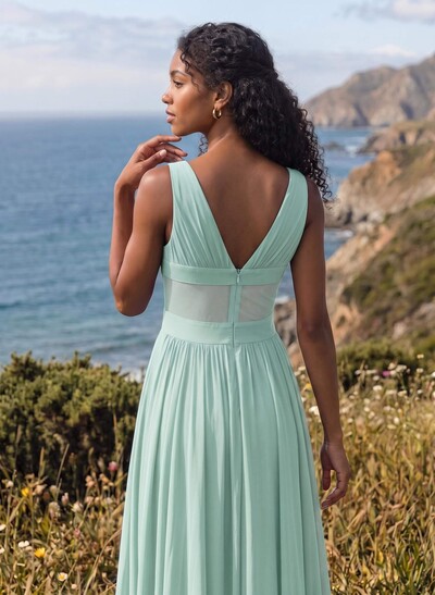 A-Line V-Neck Sleeveless Floor-Length Chiffon Bridesmaid Dresses