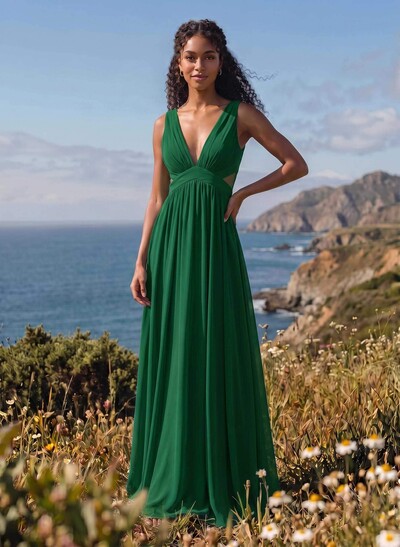 A-Line V-Neck Sleeveless Floor-Length Chiffon Bridesmaid Dresses