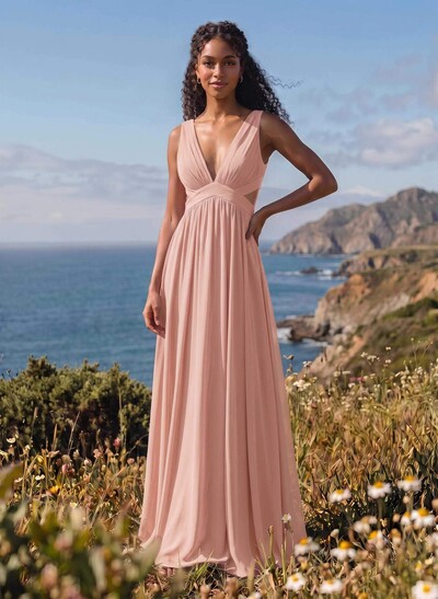 A-Line V-Neck Sleeveless Floor-Length Chiffon Bridesmaid Dresses