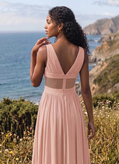 A-Line V-Neck Sleeveless Floor-Length Chiffon Bridesmaid Dresses