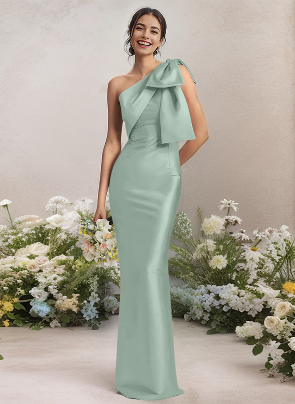 Robes De Demoiselle D'honneur En Satin À Une Épaule Et À La Forme Fourreau Avec Nœud(s)