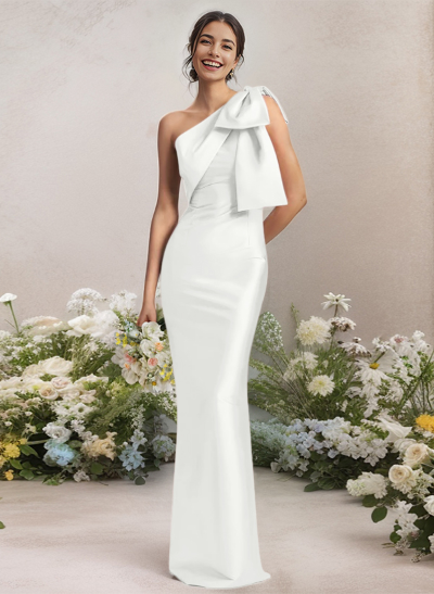 Sheath/Column One-Shoulder Satin Bridesmaid Dresses With Bow(s)