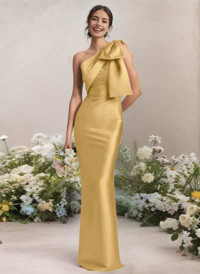 Sheath/Column One-Shoulder Satin Bridesmaid Dresses With Bow(s)