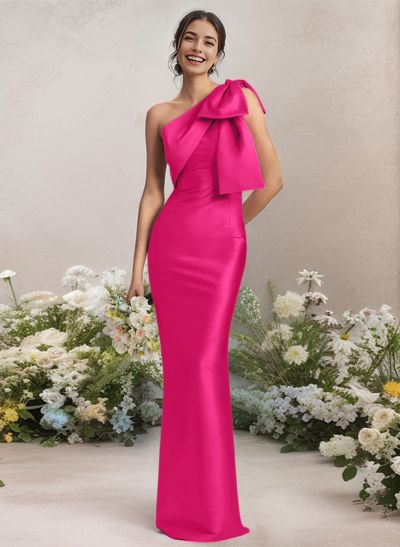 Sheath/Column One-Shoulder Satin Bridesmaid Dresses With Bow(s)