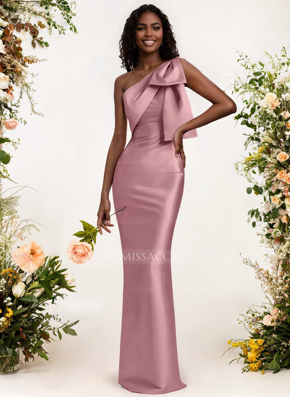 Sheath/Column One-Shoulder Satin Bridesmaid Dresses With Bow(s)