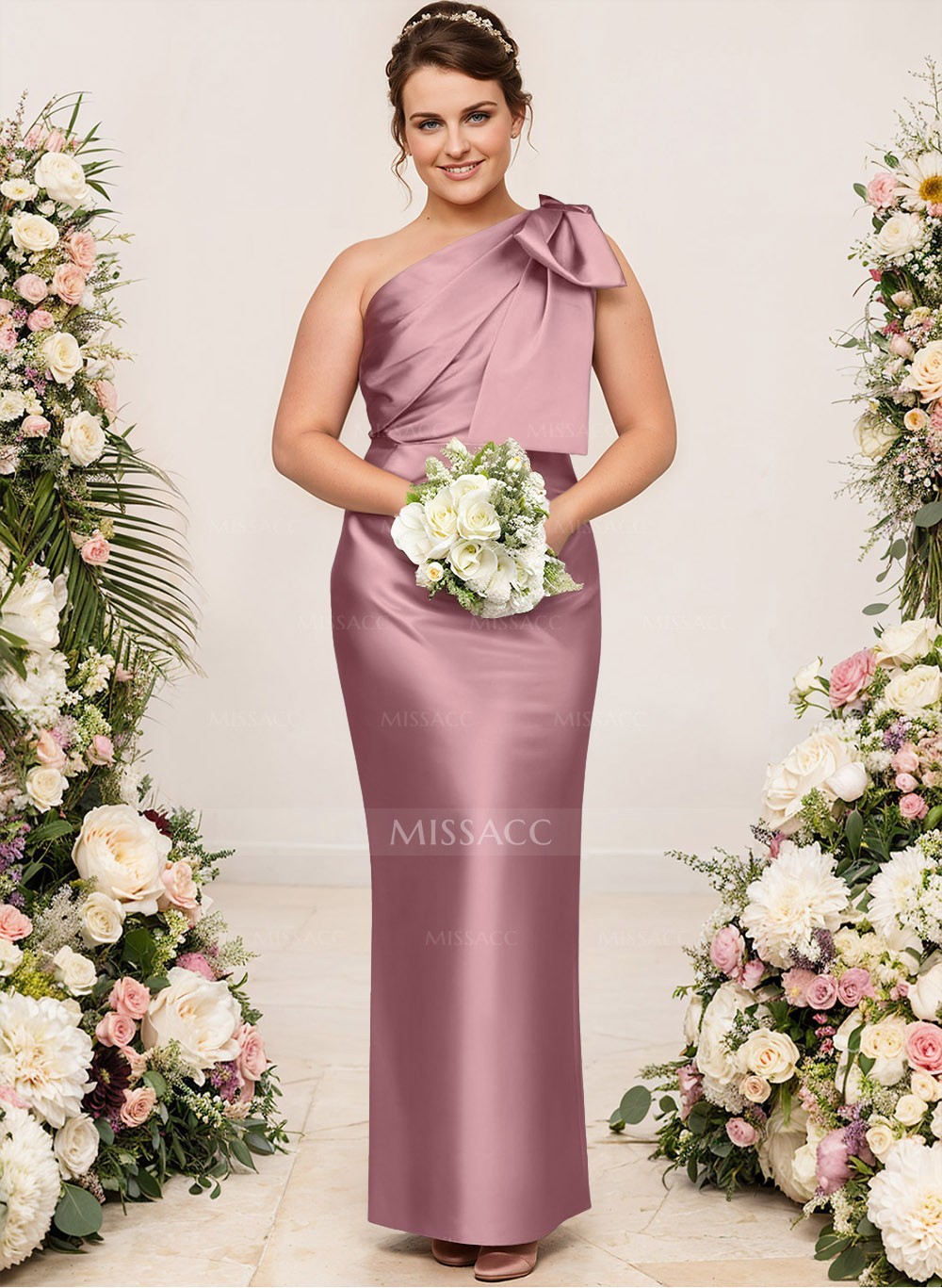 Sheath/Column One-Shoulder Satin Bridesmaid Dresses With Bow(s)