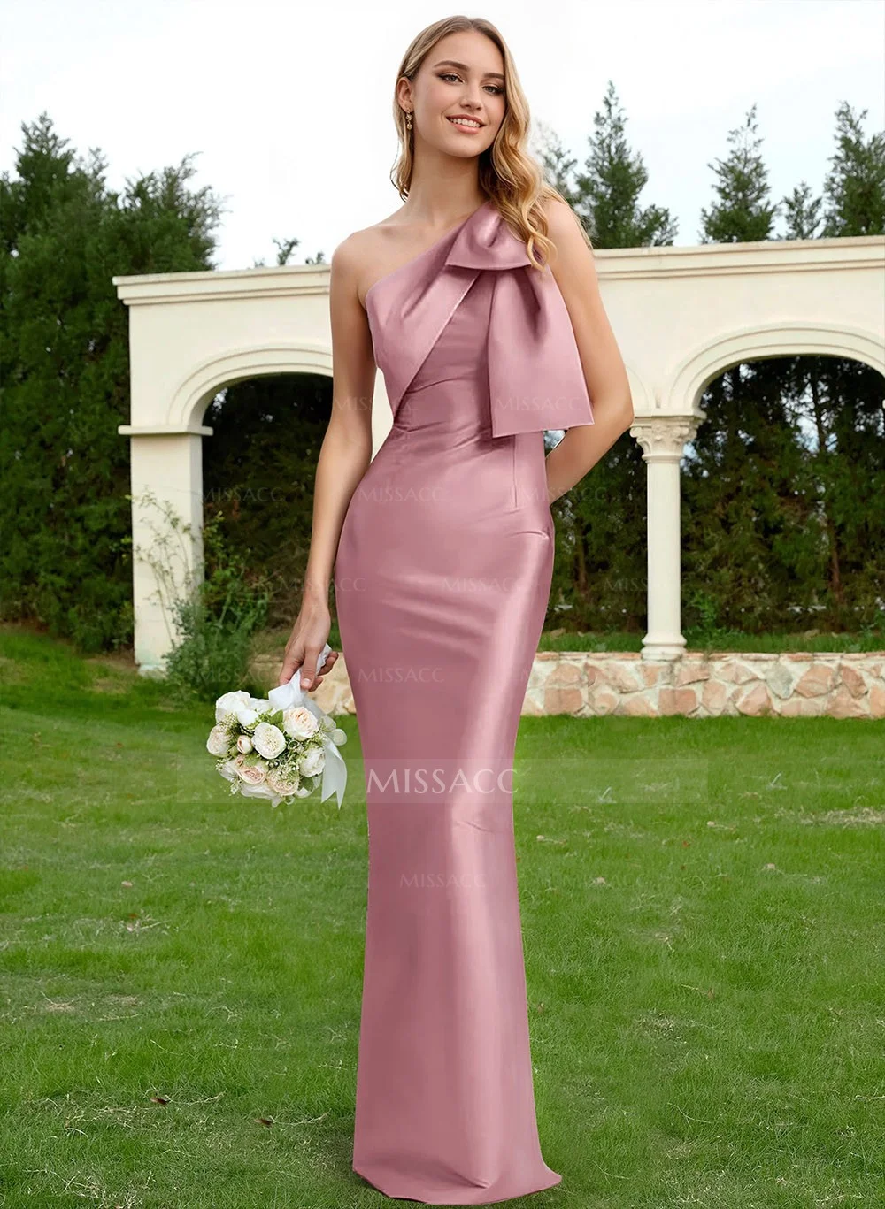 Sheath/Column One-Shoulder Short Sleeves Satin Ruched Long Bridesmaid Dresses main image 1