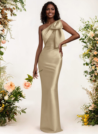 Sheath/Column One-Shoulder Satin Bridesmaid Dresses With Bow(s)