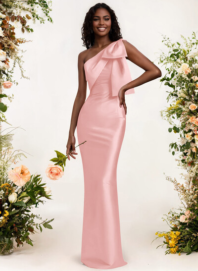 Sheath/Column One-Shoulder Satin Bridesmaid Dresses With Bow(s)