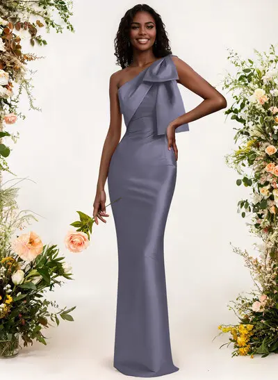 Sheath/Column One-Shoulder Satin Bridesmaid Dresses With Bow(s) - Missacc