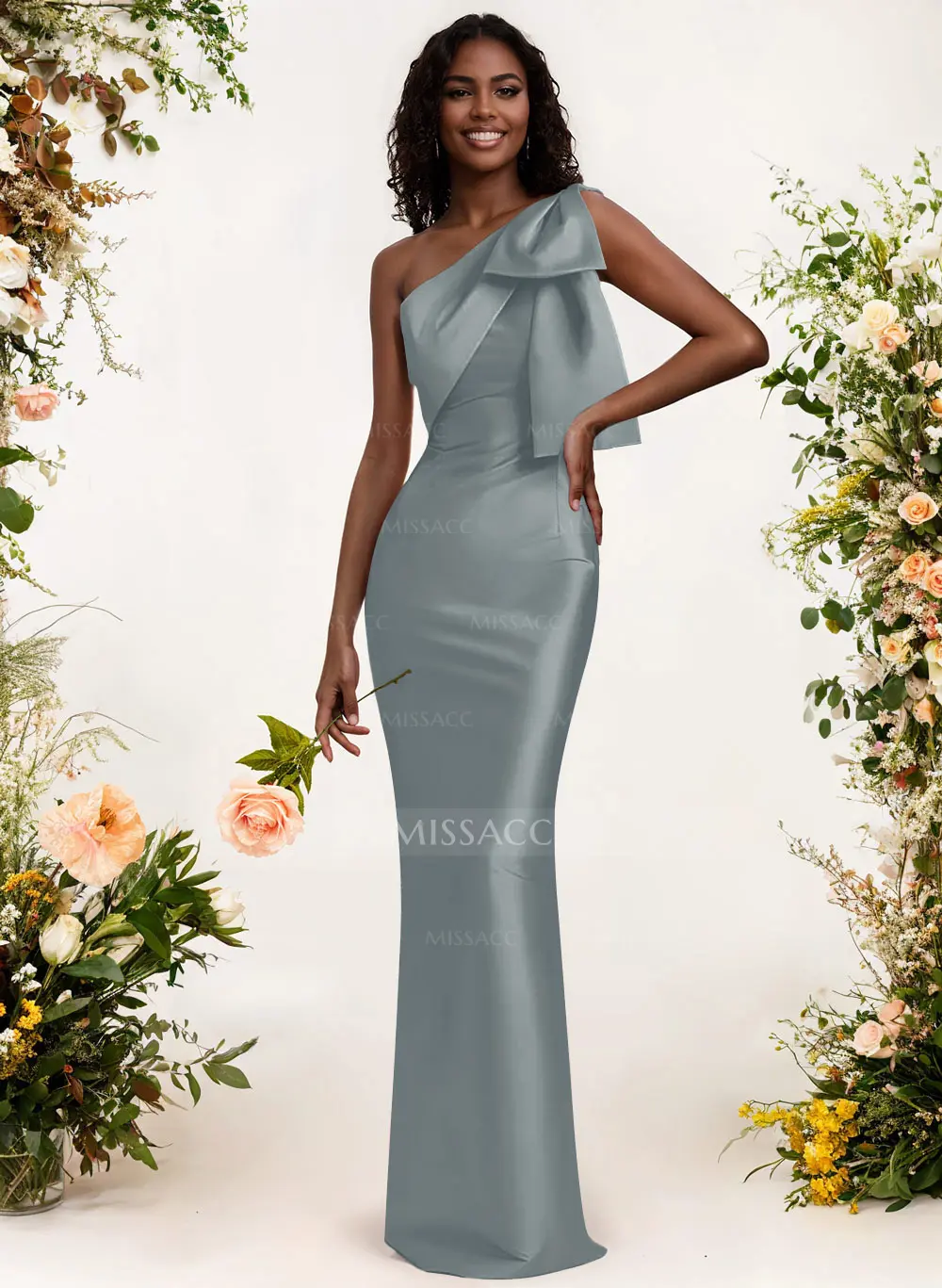 Sheath/Column One-Shoulder Satin Bridesmaid Dresses With Bow(s