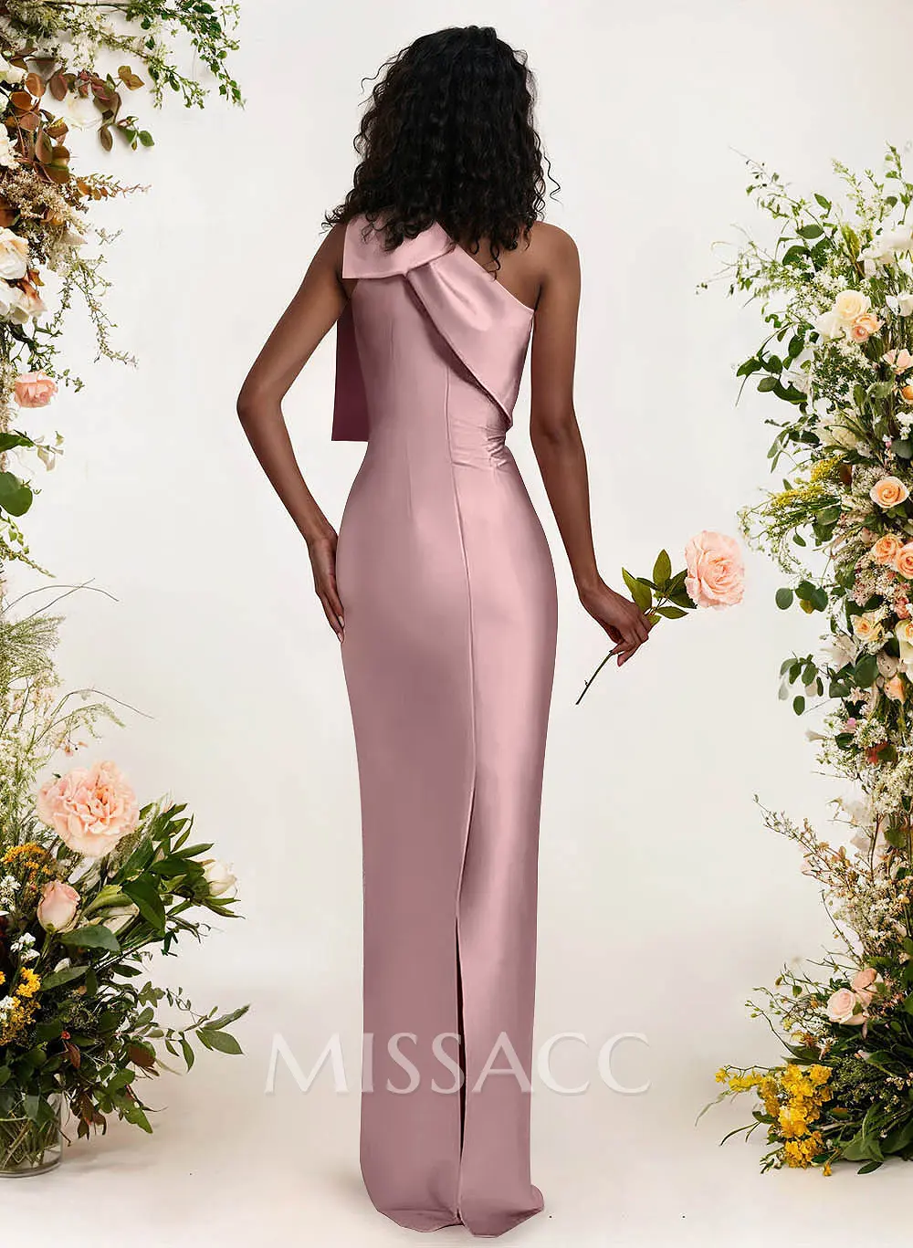 Sheath/Column One-Shoulder Satin Bridesmaid Dresses With Bow(s