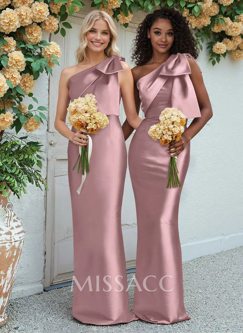 Sheath/Column One-Shoulder Satin Bridesmaid Dresses With Bow(s) - Missacc Sheath/Column One-Shoulder Satin Bridesmaid Dresses With Bow(s) - Missacc