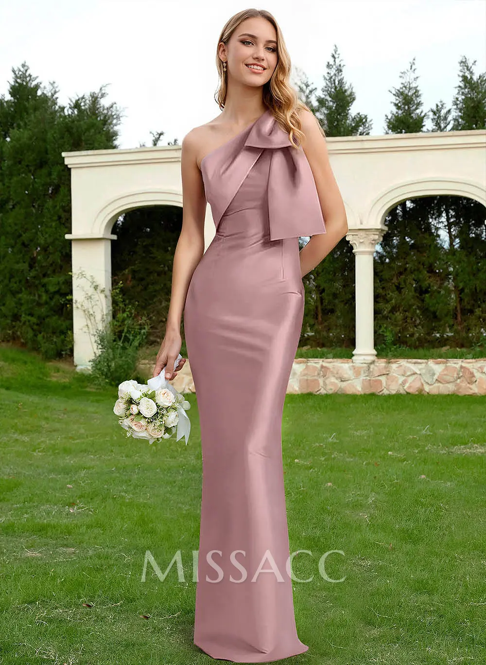 Missacc Sheath/Column Bridesmaid Dresses One-Shoulder Floor-Length Satin with Bow