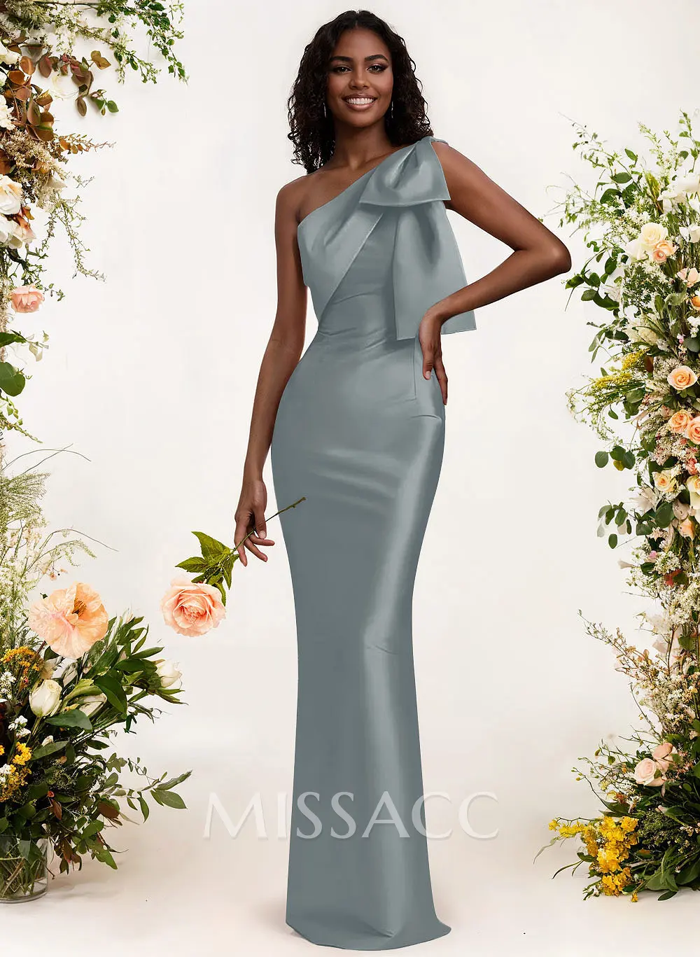 ワンピース Side Bow Satin Long Dress M Sheath/Column One-Shoulder Satin Bridesmaid Dresses With Bow(s