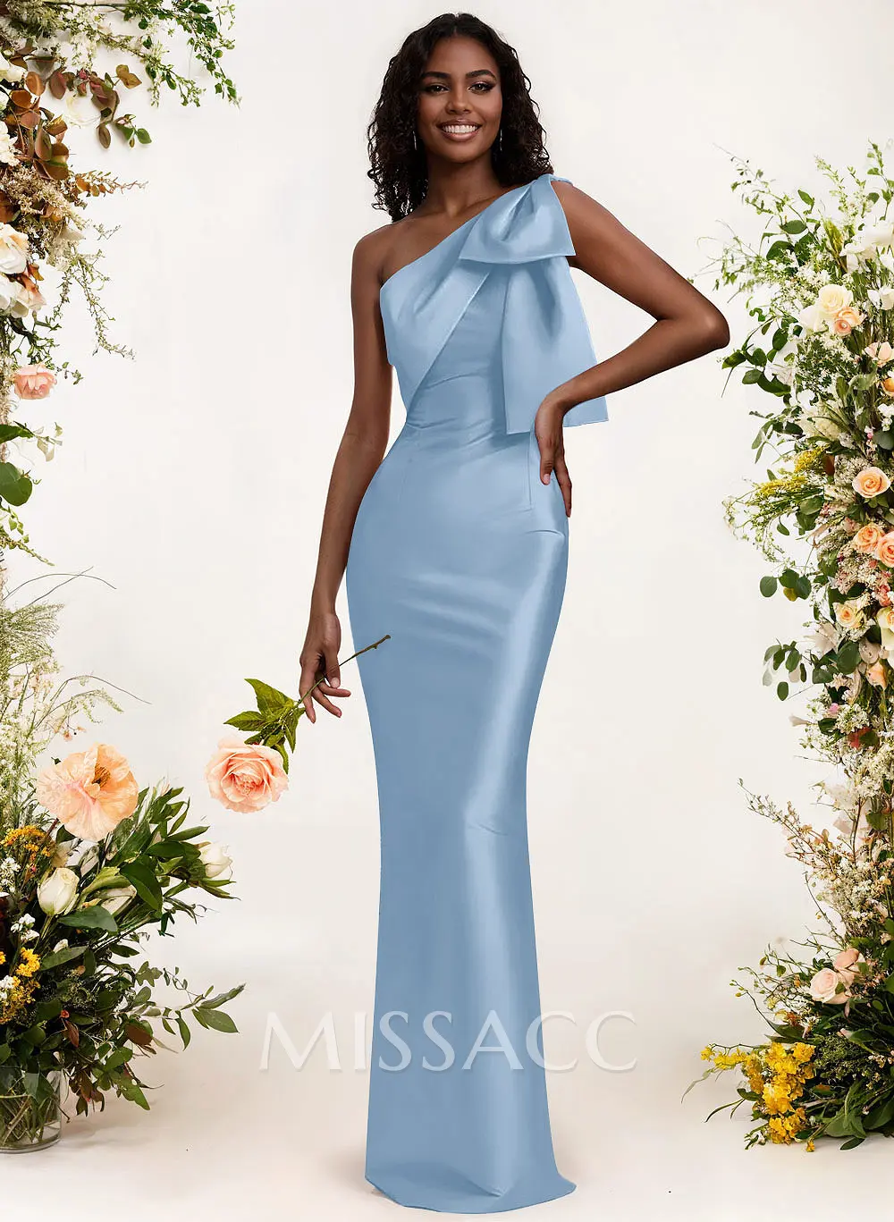 Missacc In-Stock Sheath/Column Bridesmaid Dresses One-Shoulder Floor-Length Satin with Bow