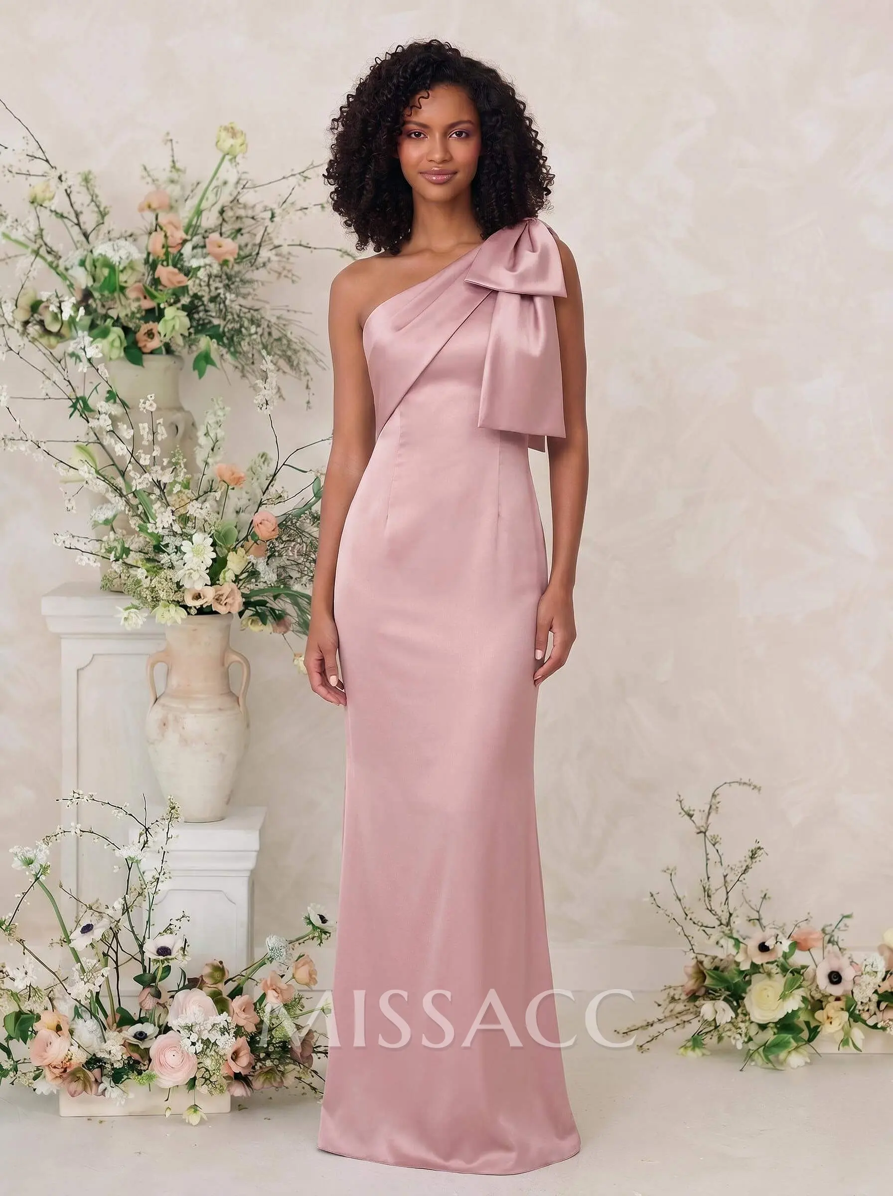one shoulder bow bridesmaid dress Stacees One-Shoulder Stretch Satin with Slit The striking asymmetric neckline is complemented by a sculptural bow detail that adds artistic dimension to this sophisticated gown Emerald Coast Bow One Shoulder