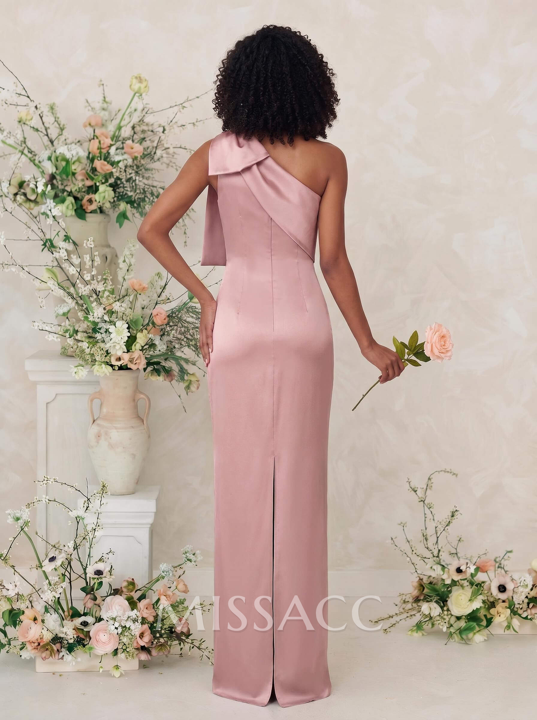 Sheath/Column One-Shoulder Satin Bridesmaid Dresses With Bow(s)
