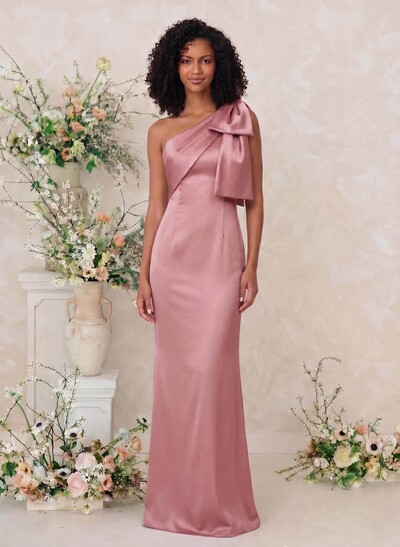 Sheath/Column One-Shoulder Satin Bridesmaid Dresses With Bow(s)