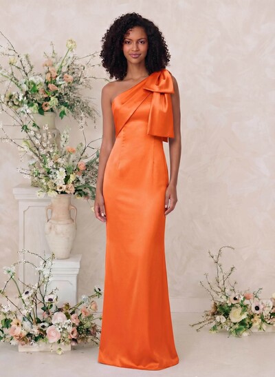 Sheath/Column One-Shoulder Satin Bridesmaid Dresses With Bow(s)