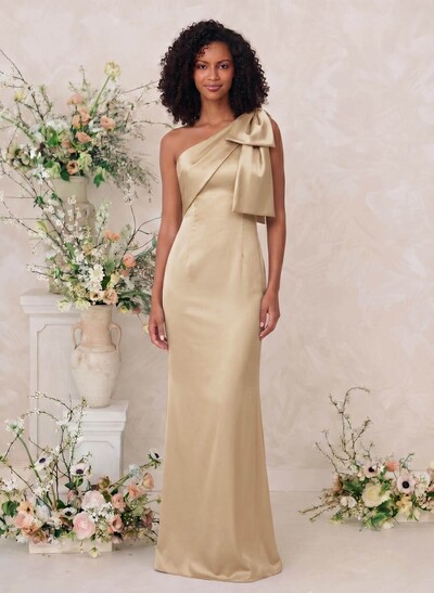Sheath/Column One-Shoulder Satin Bridesmaid Dresses With Bow(s)