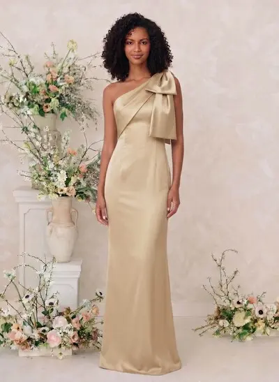 bridesmaid satin dresses Elegant Deep V-Neck Floor Length Empire Waist Height 178cm Missacc In-Stock Light Blue Sheath/Column