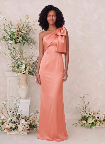 Sheath/Column One-Shoulder Satin Bridesmaid Dresses With Bow(s)