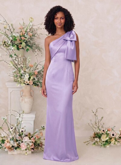 Sheath/Column One-Shoulder Satin Bridesmaid Dresses With Bow(s)
