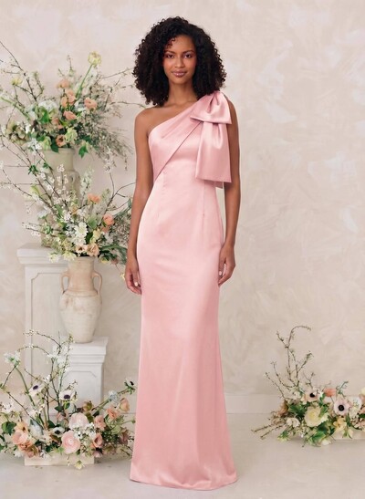 Sheath/Column One-Shoulder Satin Bridesmaid Dresses With Bow(s)