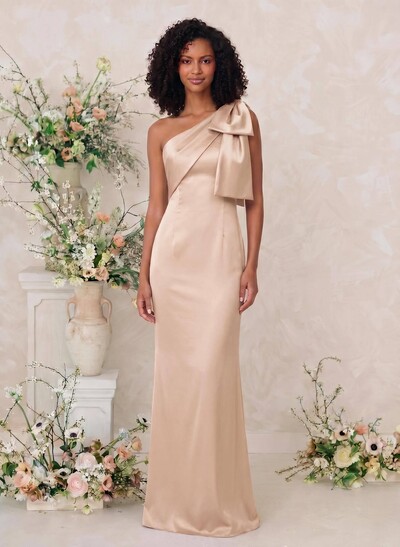 Sheath/Column One-Shoulder Satin Bridesmaid Dresses With Bow(s)