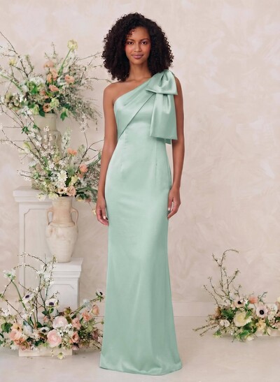 Sheath/Column One-Shoulder Satin Bridesmaid Dresses With Bow(s)