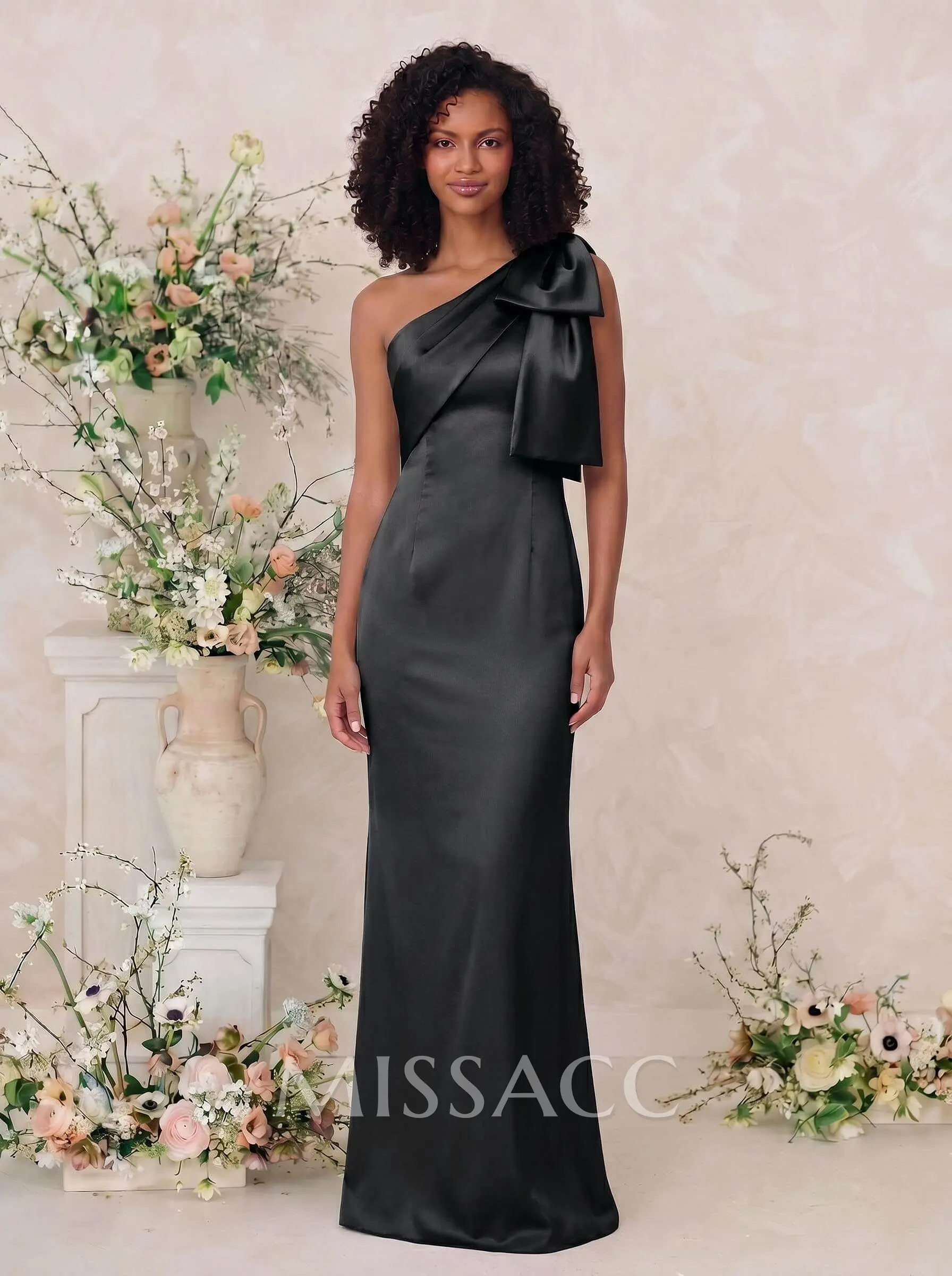 Sheath/Column One-Shoulder Satin Bridesmaid Dresses With Bow(s)