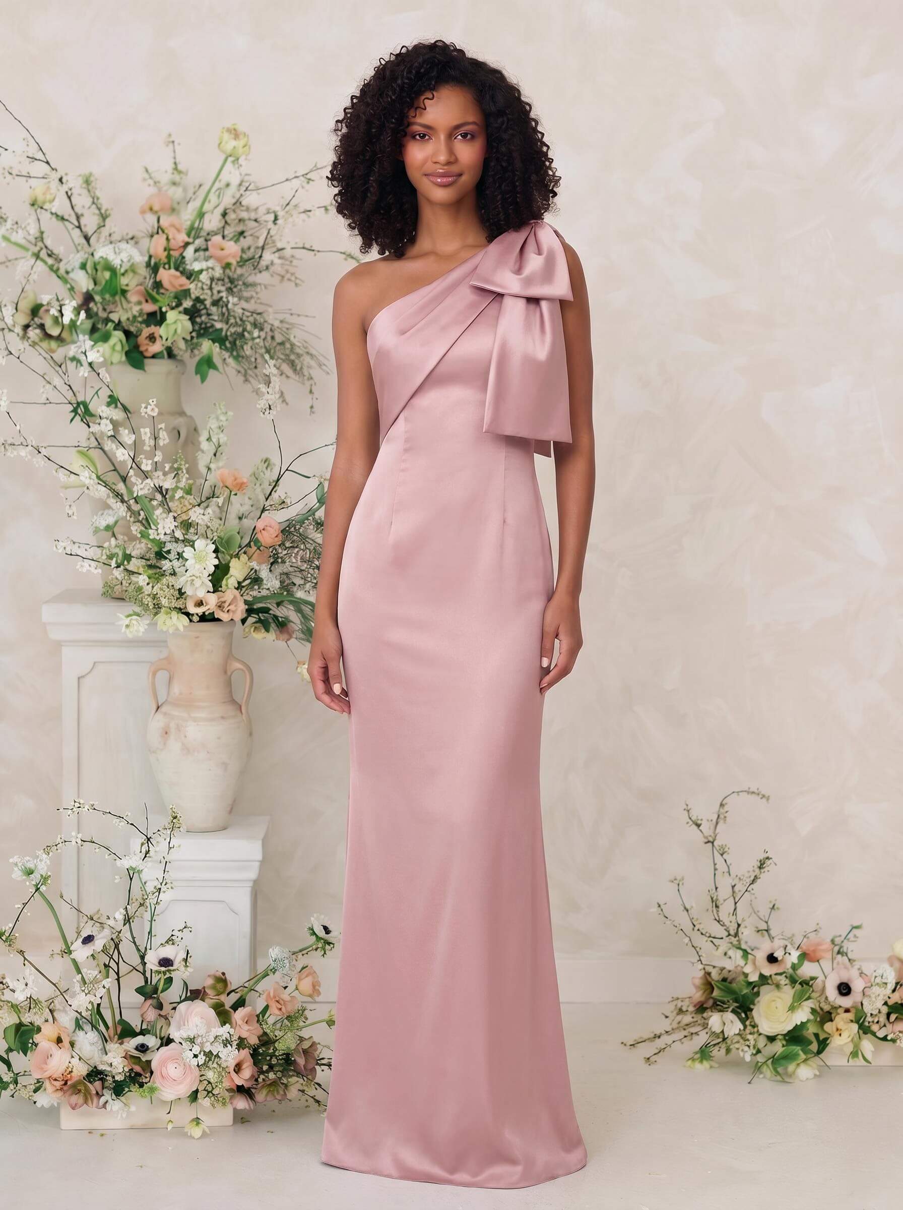 Sheath/Column One-Shoulder Satin Bridesmaid Dresses With Bow(s) Sheath/Column One-Shoulder Satin Bridesmaid Dresses With Bow(s)