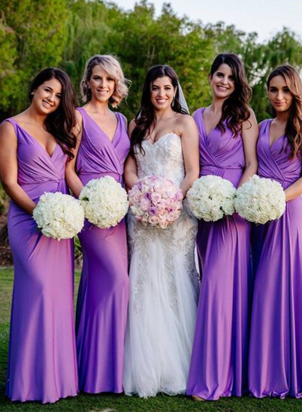 V-Neck Sleeveless Floor-Length Jersey Bridesmaid Dresses