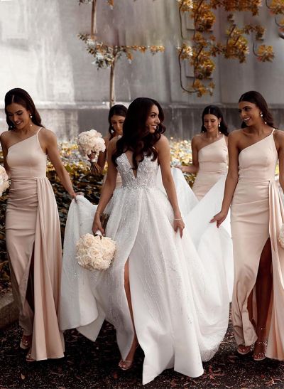 One-Shoulder Sleeveless Jersey Bridesmaid Dresses With Split Front