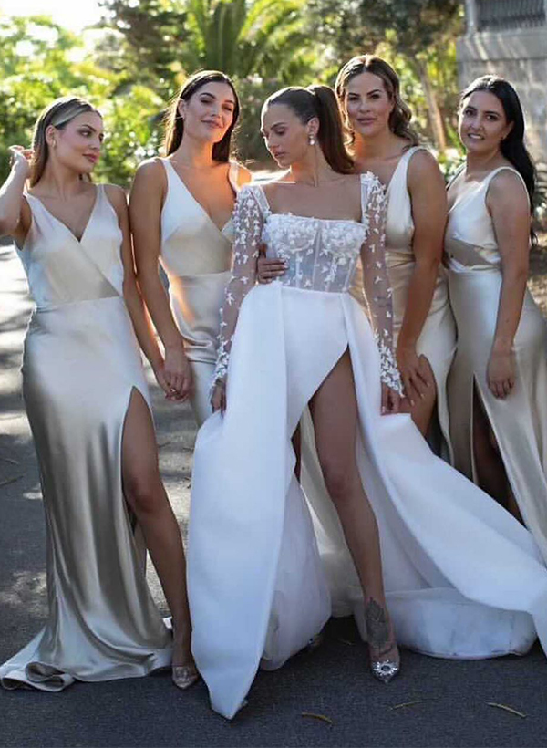 V-Neck Sleeveless Sweep Train Bridesmaid Dresses With Split Front