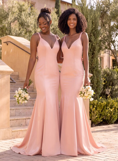 Trumpet/Mermaid V-Neck Sleeveless Sweep Train Satin Bridesmaid Dresses