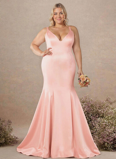 Trumpet/Mermaid V-Neck Sleeveless Sweep Train Satin Bridesmaid Dresses