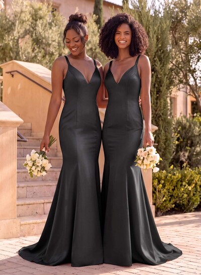 Trumpet/Mermaid V-Neck Sleeveless Sweep Train Satin Bridesmaid Dresses