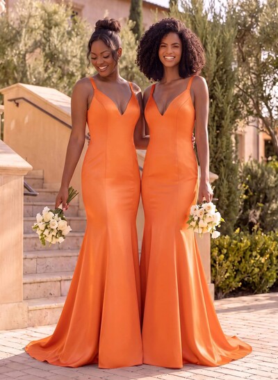 Trumpet/Mermaid V-Neck Sleeveless Sweep Train Satin Bridesmaid Dresses