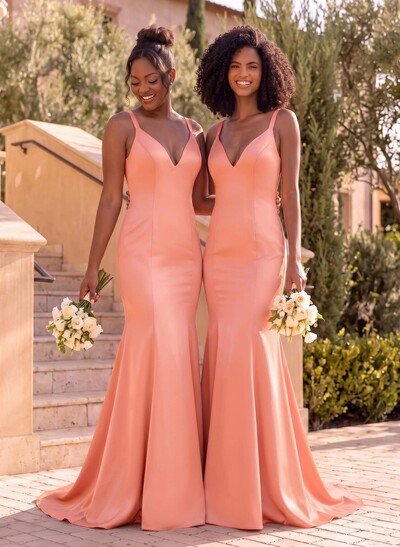 Trumpet/Mermaid V-Neck Sleeveless Sweep Train Satin Bridesmaid Dresses