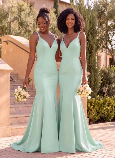 Trumpet/Mermaid V-Neck Sleeveless Sweep Train Satin Bridesmaid Dresses